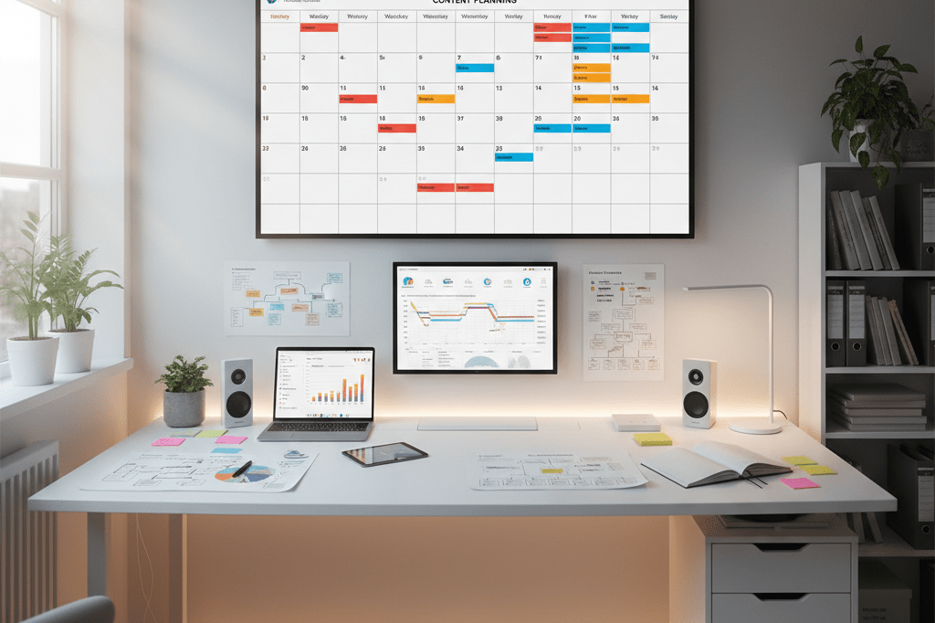 Wide shot of a desk with a calendar, analytics reports, and digital devices under natural and ambient lighting, highlighting strategic planning elements