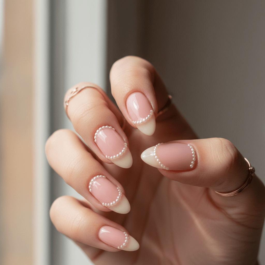 Trendy almond nails with a soft pink base and scattered microscopic pearls.