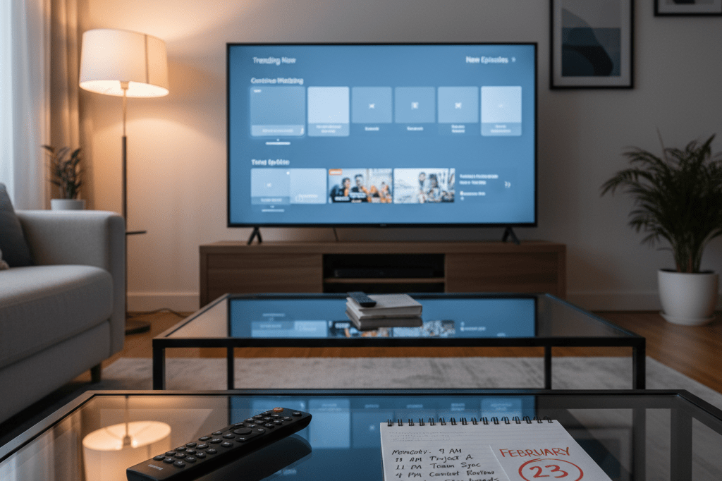 Living room with smart TV, remote, and calendar hinting at calculated episodic release strategy under warm ambient lighting