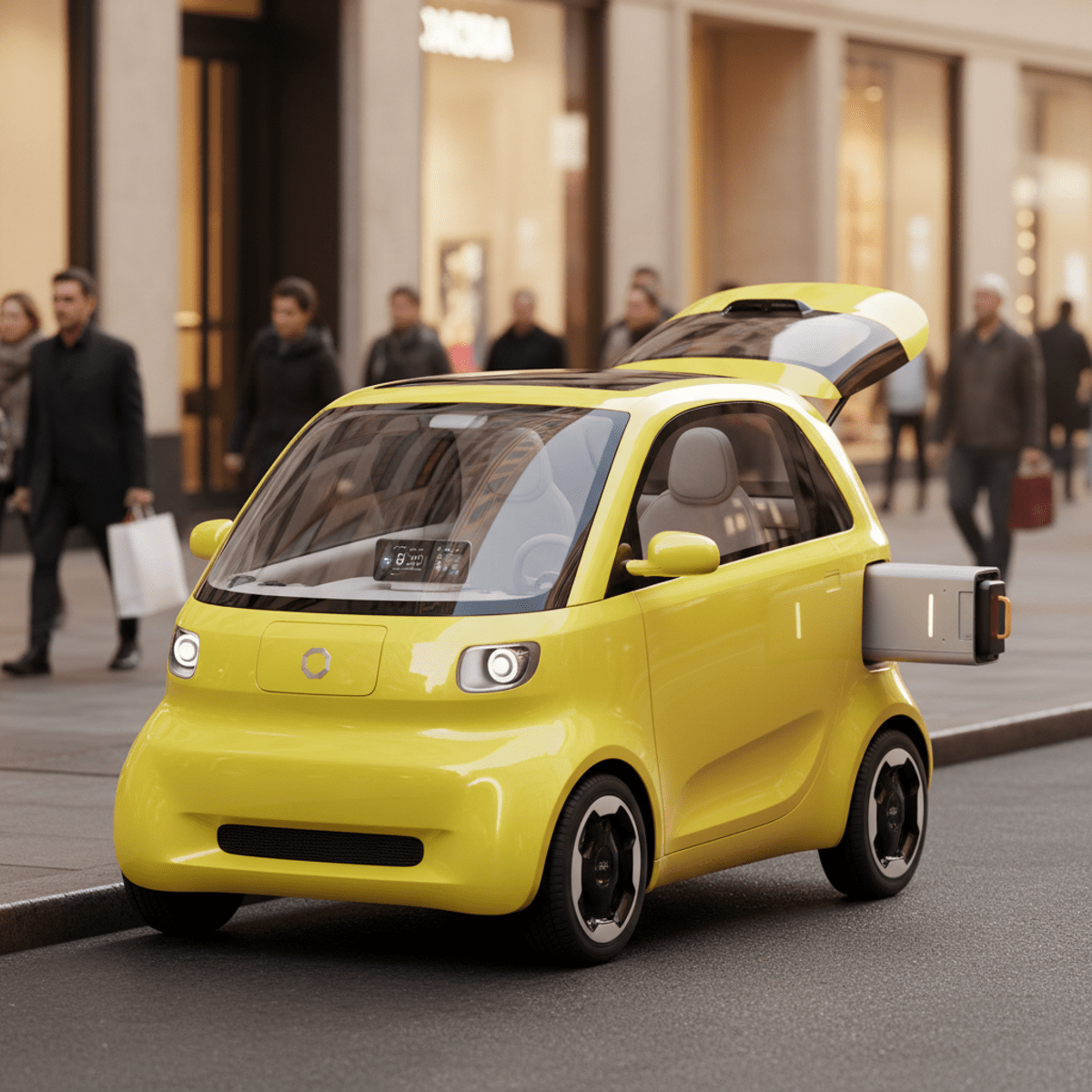 Sleek lemon yellow electric vehicle for urban commuting on a city boulevard.