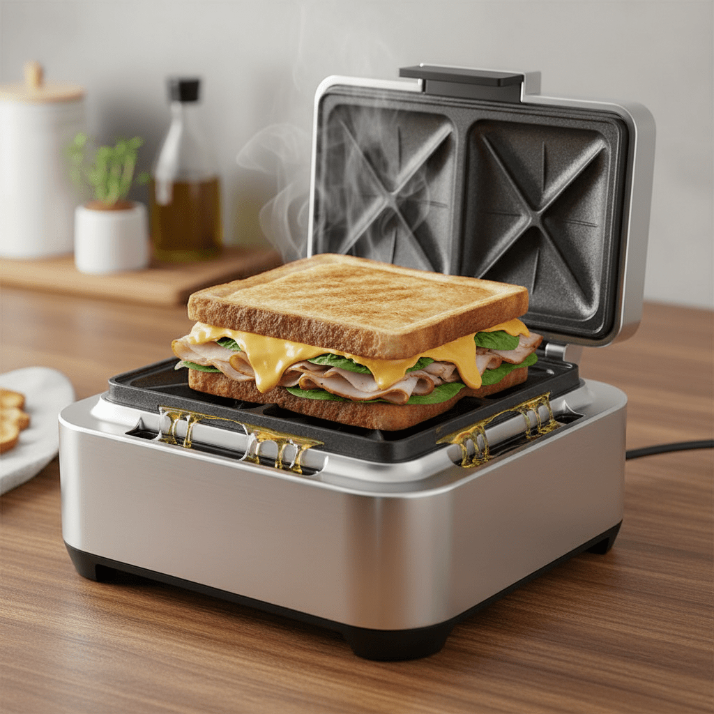 Close-up of a futuristic toaster with melted cheese flowing into drainage channels.
