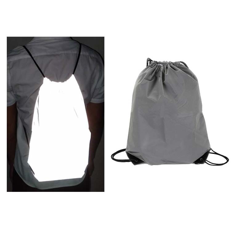 wholesale eco personalized logo printing hi vis strong reflective polyester drawstring school backpack sport bag for kids gift