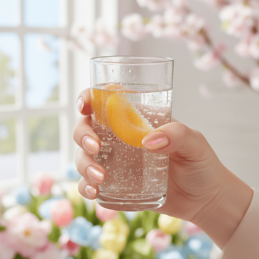 Medium shot of nails with glazed apricot spring trend color and pearlescent sheen.