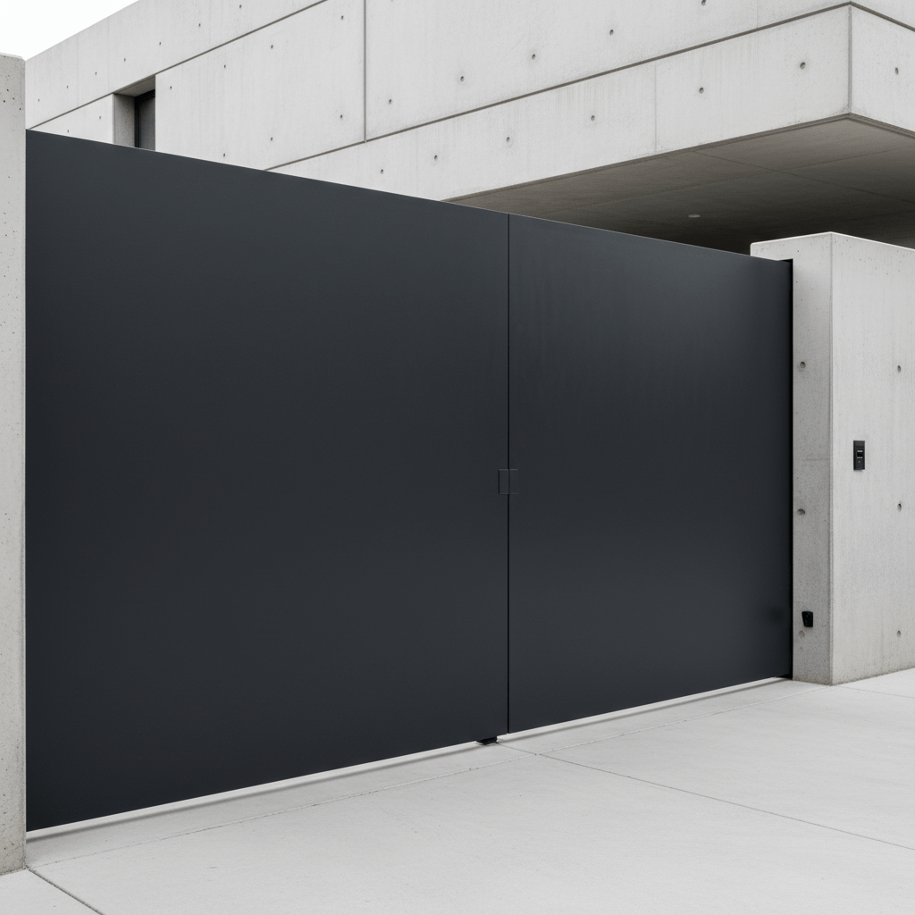 Massive charcoal aluminum gate with concealed pivot, mid-open in modern architectural setting.
