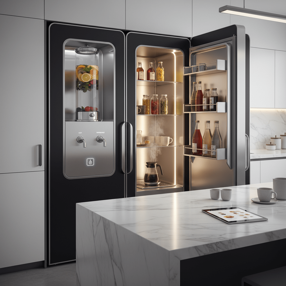 Futuristic beverage center refrigerator with matte black and chrome, illuminated shelves.