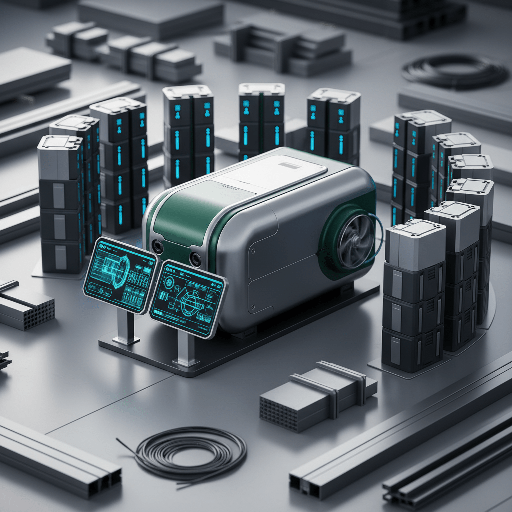 Futuristic welding plant with hybrid diesel-electric system and battery banks.