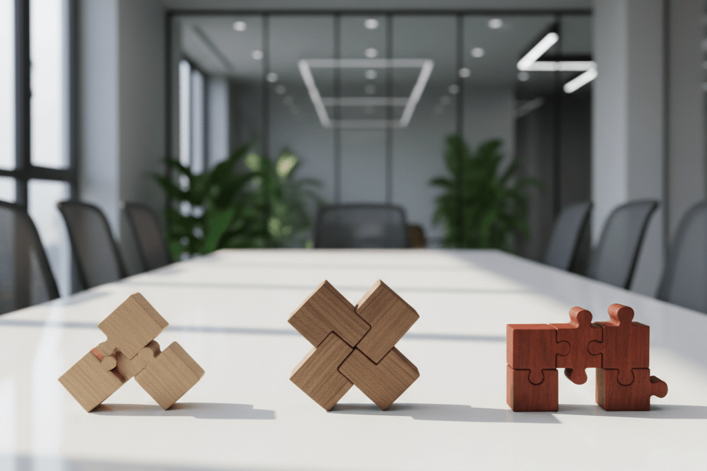 Medium shot of three sets of interlocking wooden puzzle pieces on a conference table, representing tiered and intentional B2B relationships