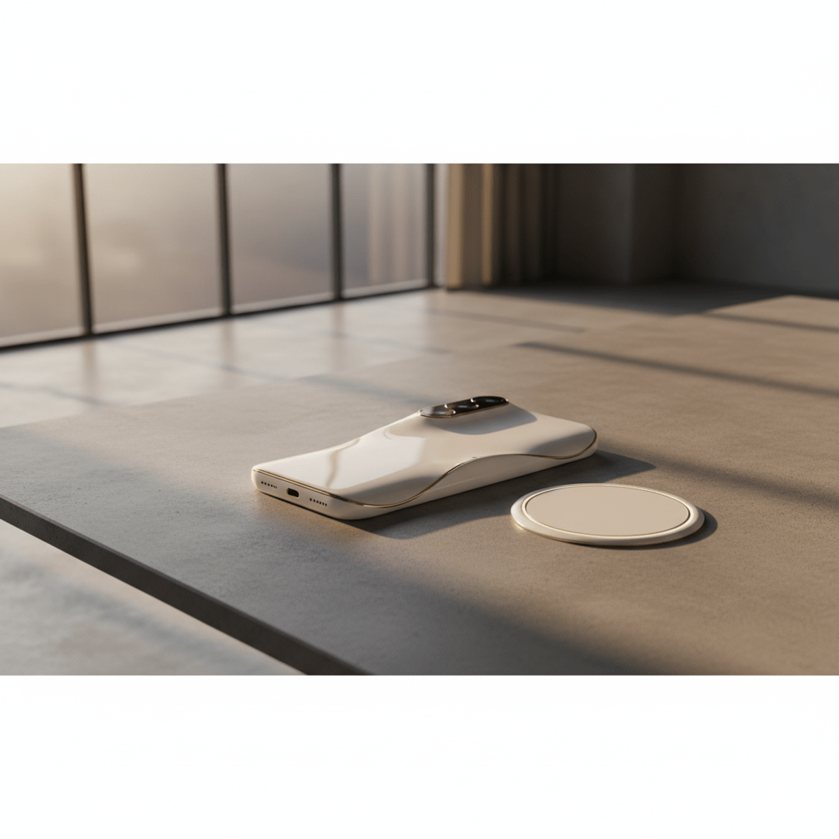 Lustrous white ceramic phone with magnetic charging on a matte concrete table during golden hour.