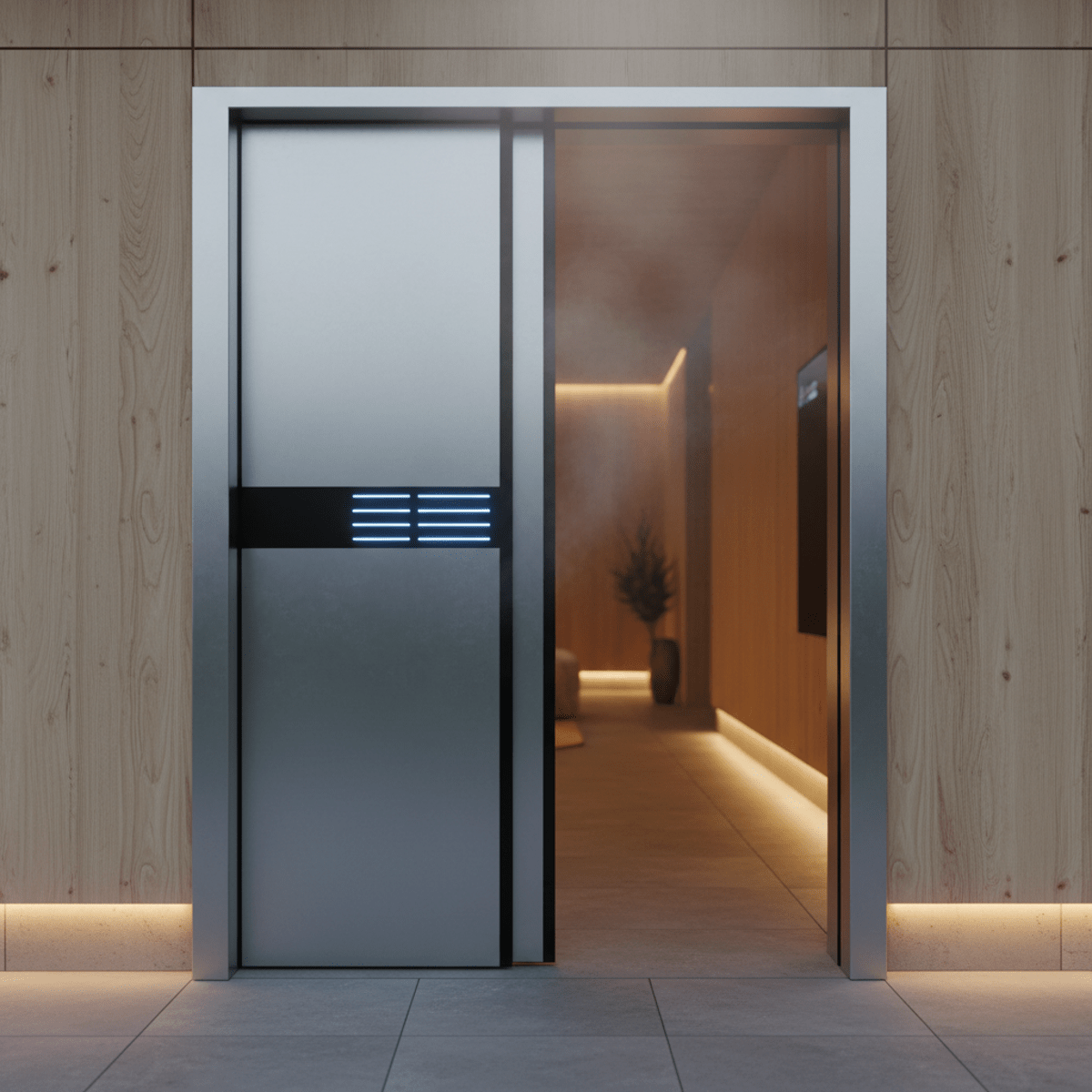 Sleek smart home entryway with auto door opener and ambient lighting.
