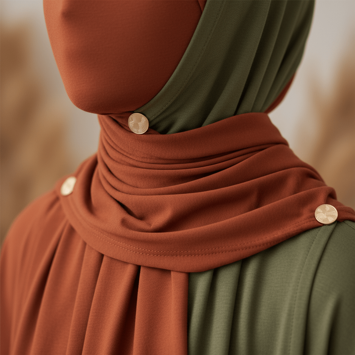 Smooth bamboo jersey hijab in rich clay and olive colors. Luxurious bamboo jersey hijab in clay and olive tones, showcasing smooth texture and gentle folds.