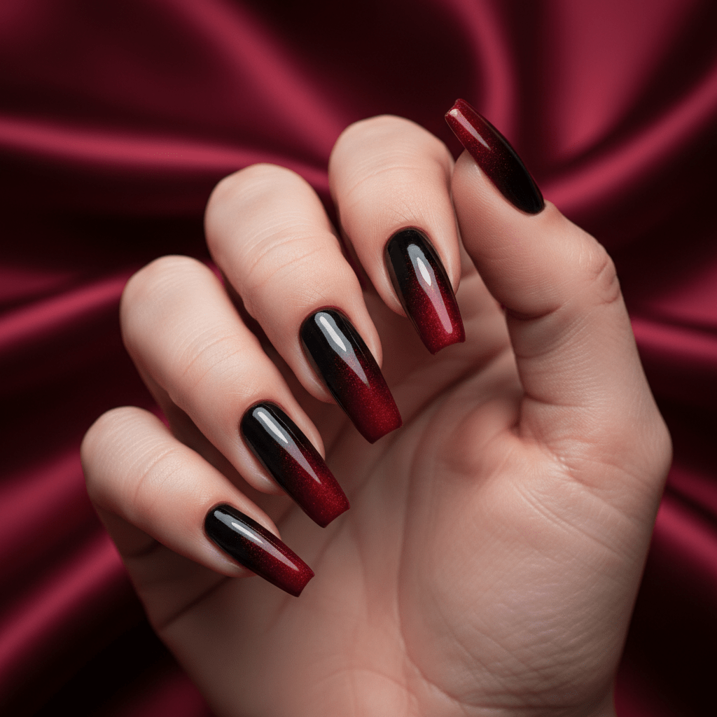 Dramatic black to cherry cola ombré coffin nails with a high-gloss finish.