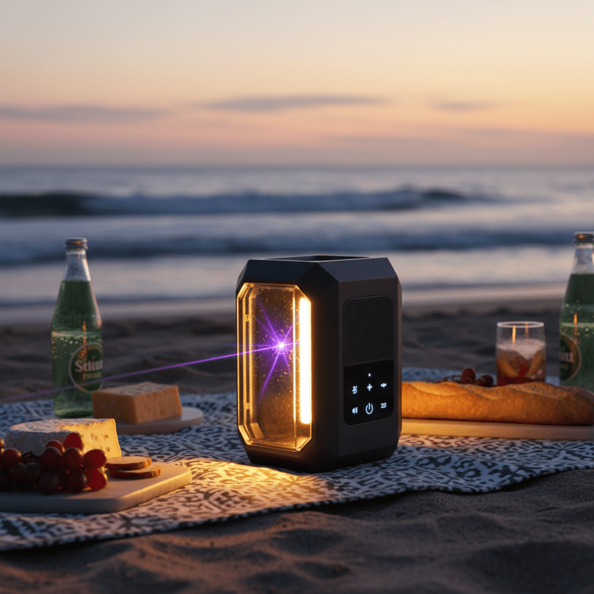 Travel laser zapper lantern on sandy beach at sunset. Outdoor laser bug zapper lantern on a beach at sunset, casting a golden glow.