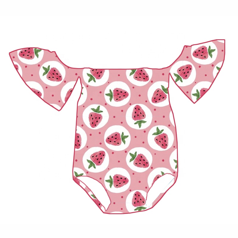 Оптовая продажа, комбинезоны с открытыми плечами и оборками, клубничный фруктовый комбинезон, одежда для маленьких девочек, комбинезон