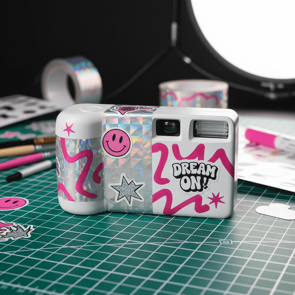 Matte white disposable camera customized with holographic tape and pink paint.
