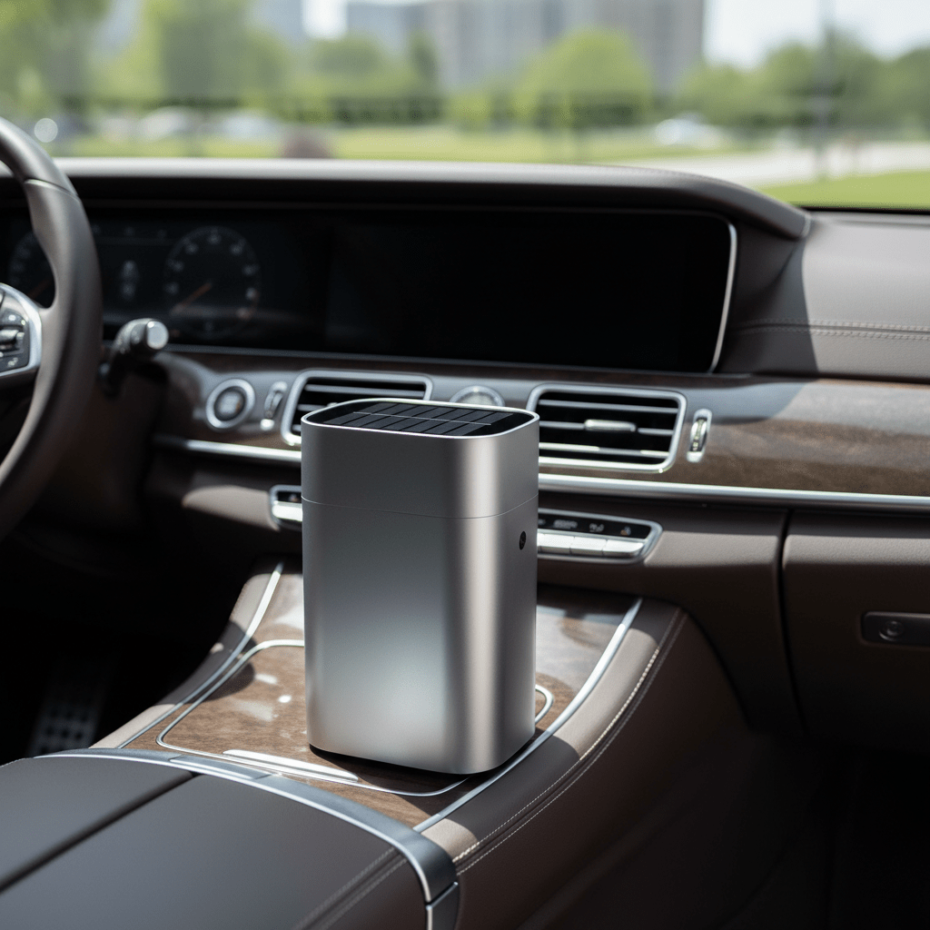 Compact air purifier with solar panel on a car dashboard, brushed aluminum finish.