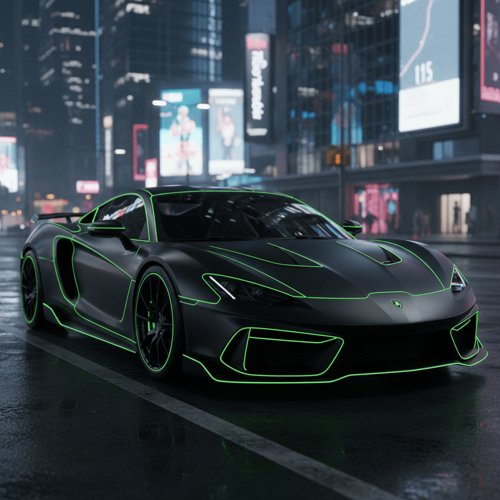 Sleek satin black car wrap with ultra-fine neon cyber-lime pinstriping.