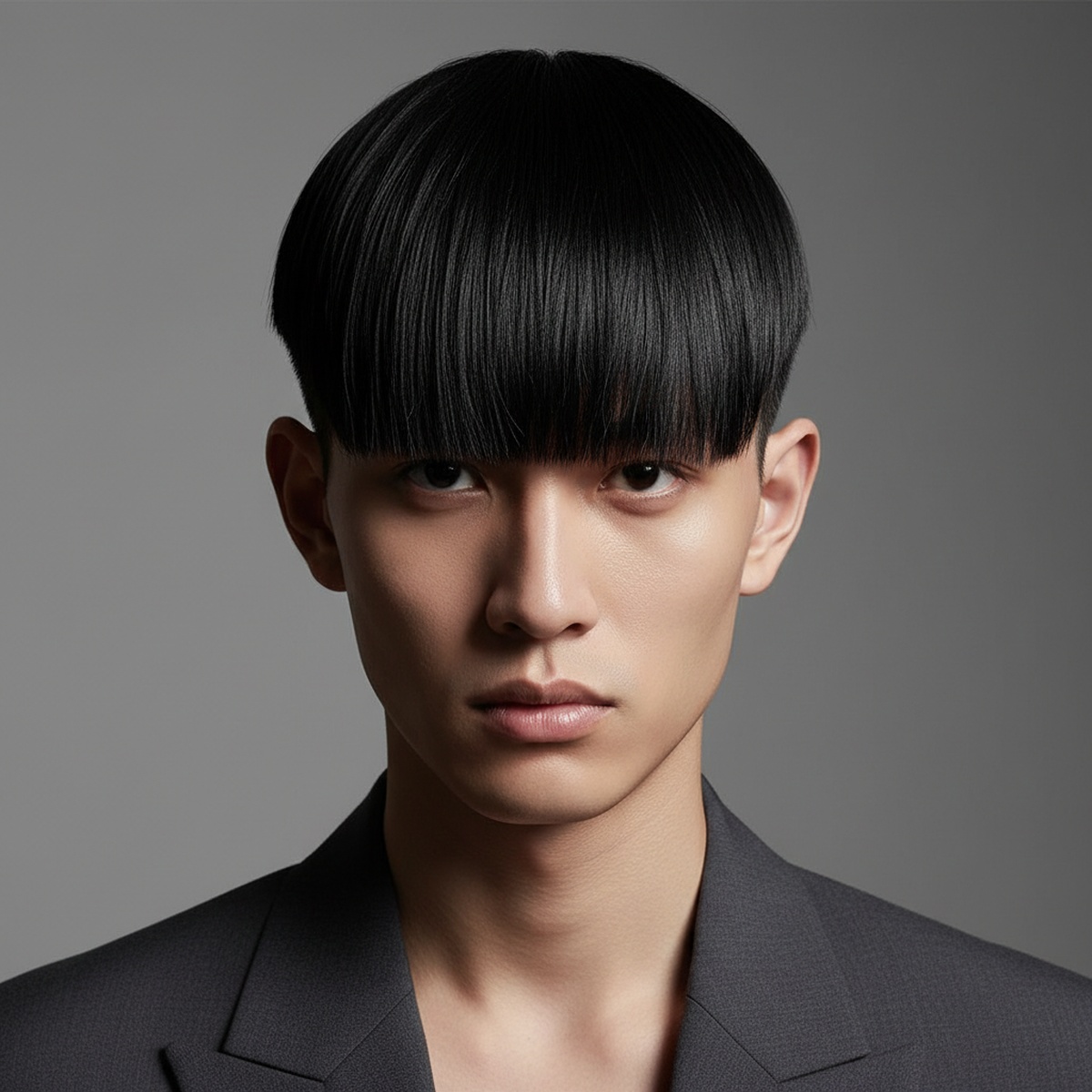 Male model with sharp undercut and blunt fringe, styled forward with sleek precision.