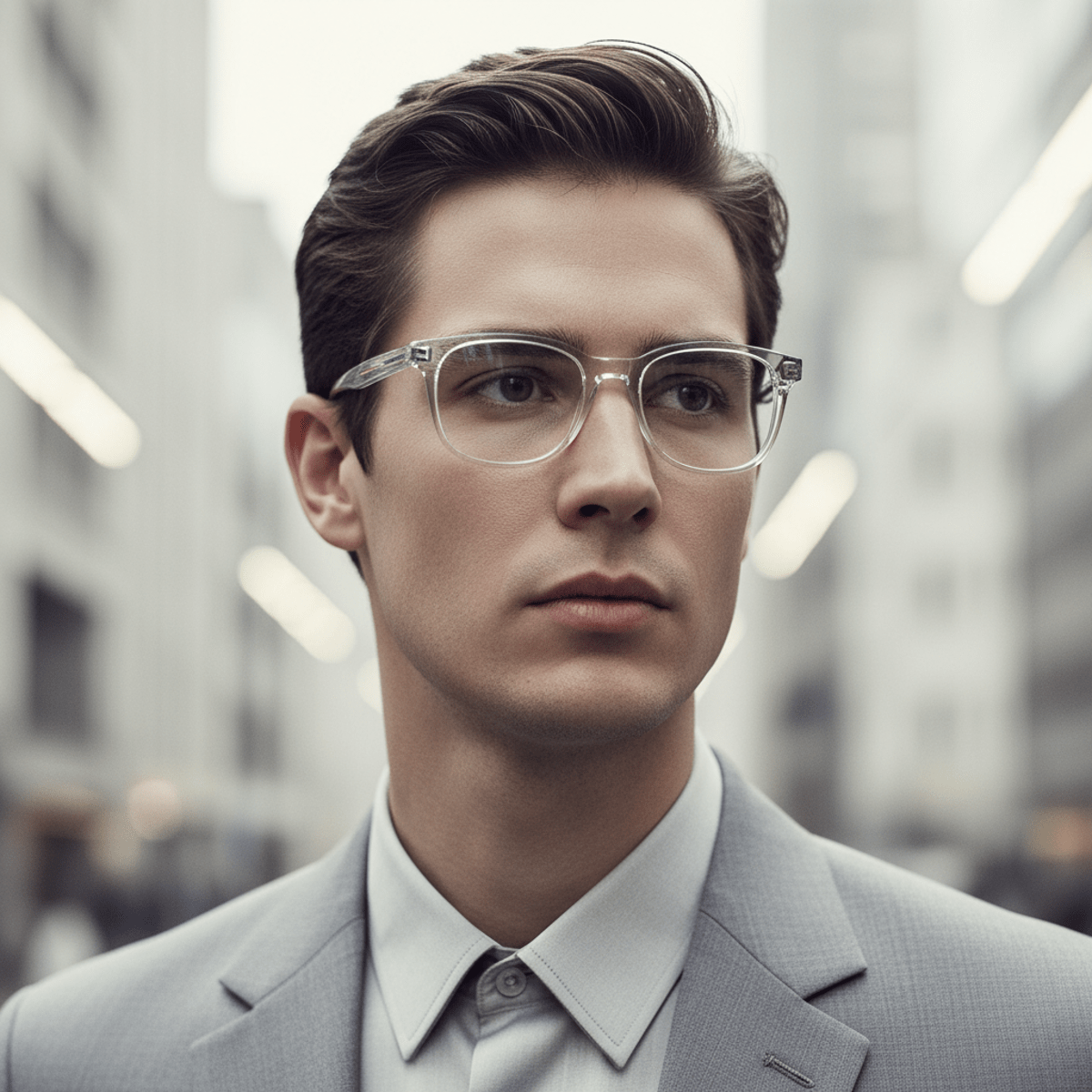 Male model wearing minimalist translucent frame eyeglasses in urban setting.