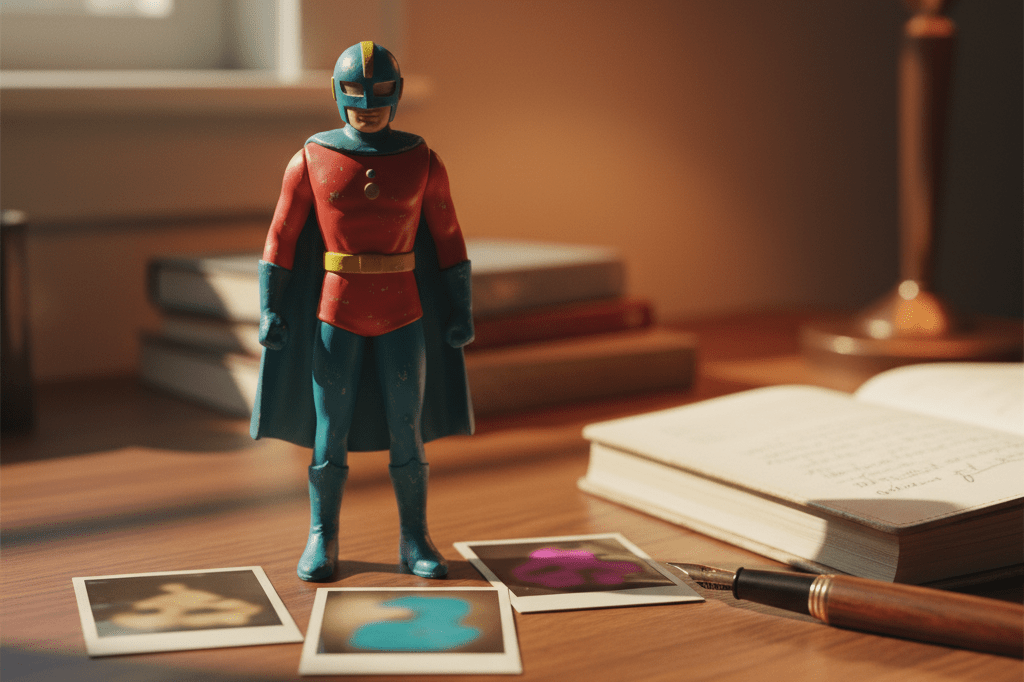 Close-up of a generic nostalgic figurine surrounded by vintage items under soft natural light, evoking emotional attachment