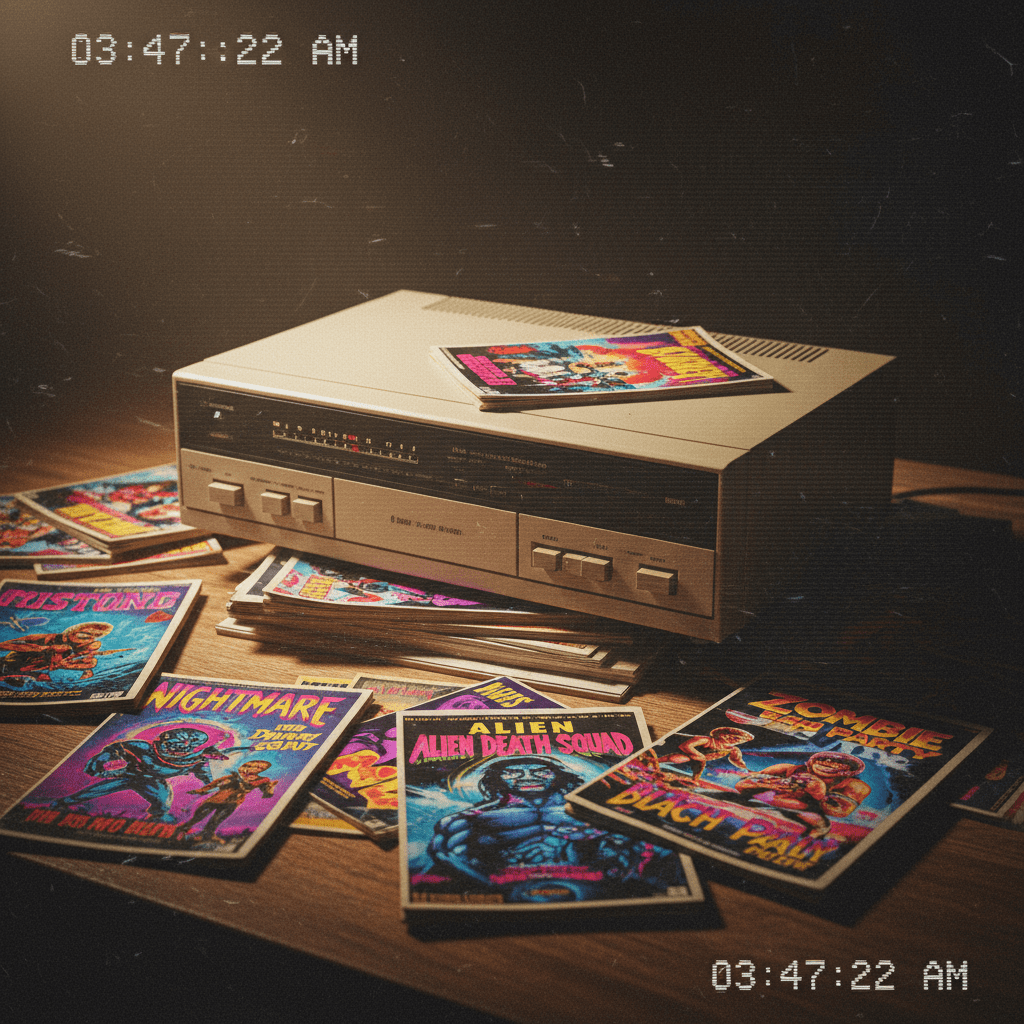 Vintage VCR player and scattered VHS tapes with bold illustrated graphics on a cluttered desk.