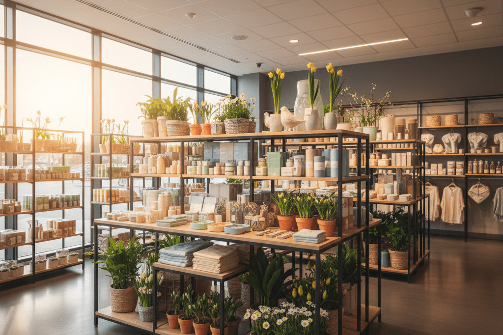 Modern retail store transitioning to spring seasonal merchandise Wide shot of a retail store's spring-themed product displays under natural and ambient light, symbolizing strategic seasonal transitions