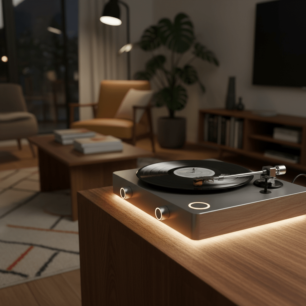 Minimalist LP player with ambient lighting in a cozy room. Sleek minimalist LP player with warm amber lights in a cozy living room.