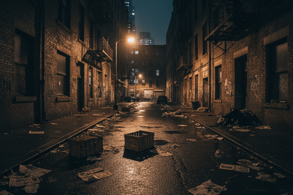 Dimly lit city alley filled with debris under a glowing streetlamp, capturing a gritty narrative tone