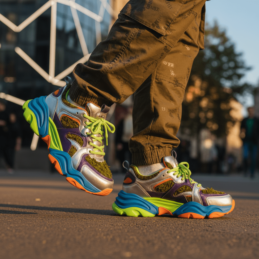Futuristic bio-foam platform sneakers with sculptural soles and color accents. Futuristic chunky platform sneakers with bio-based foam and plant leather, detailed sculptural soles.