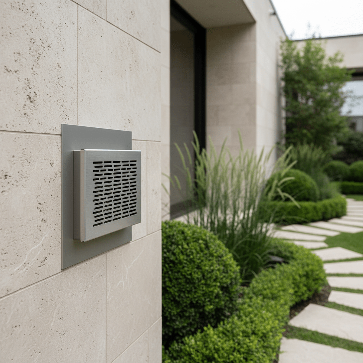 Modern ultrasonic cat repellent unit integrated into a home's exterior wall.