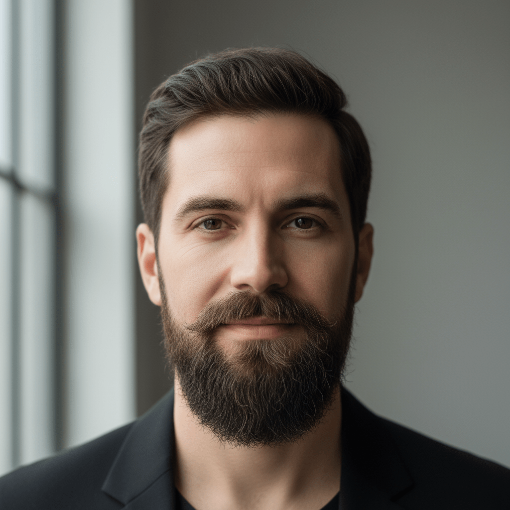 Man with groomed Balbo goatee and geometric beard in modern studio lighting.