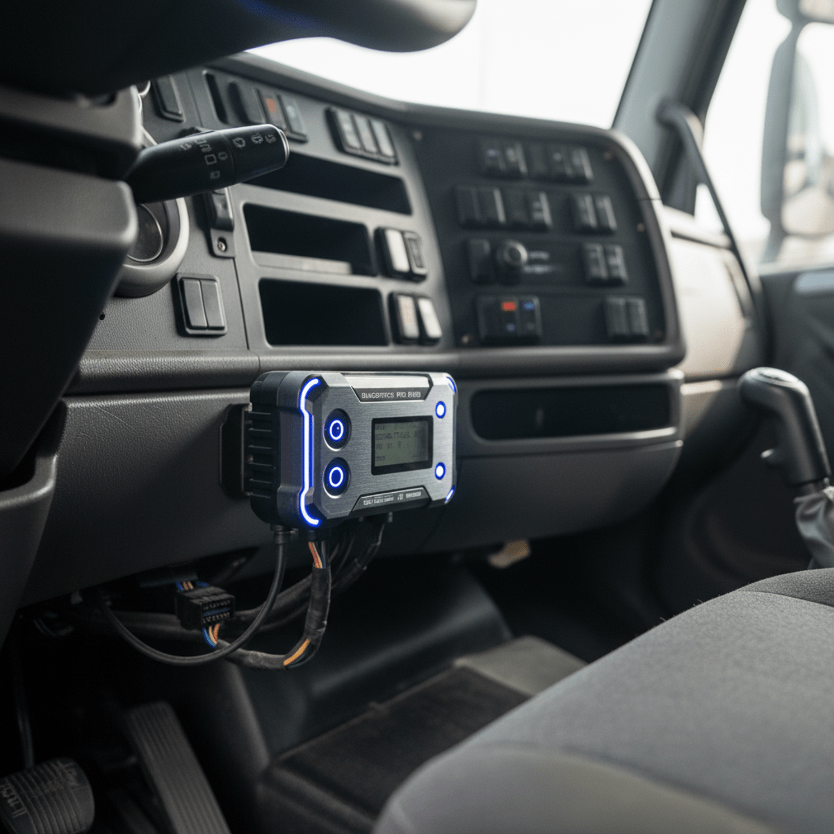 Sleek OBD scanner installed under truck dashboard with glowing indicator lights.