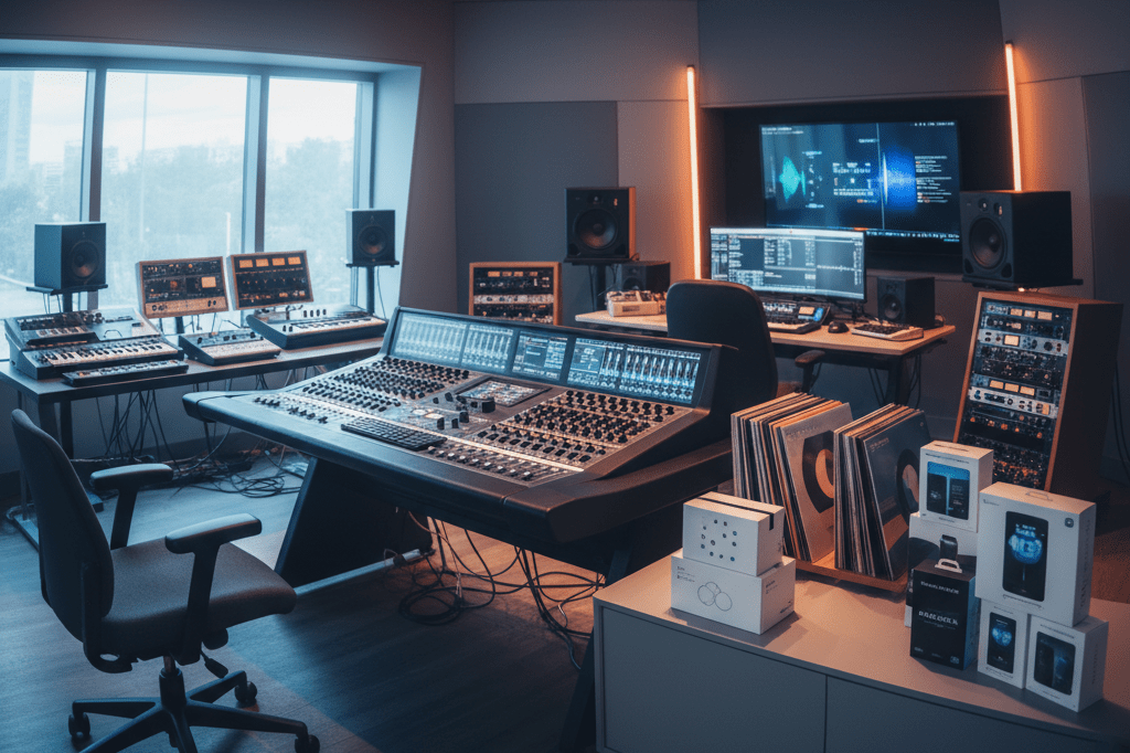 Wide shot of a music studio control room with vinyl records, merchandise boxes, and streaming devices hinting at diversified commercial strategies