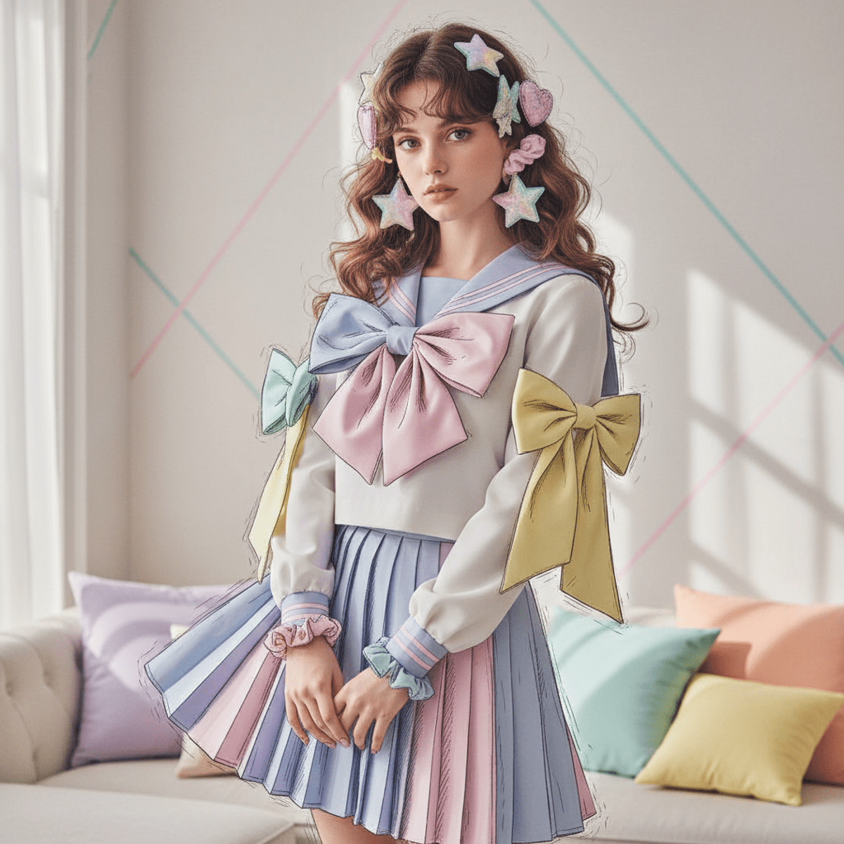 Young woman in a pastel shoujo manga sailor uniform with bows and accessories.