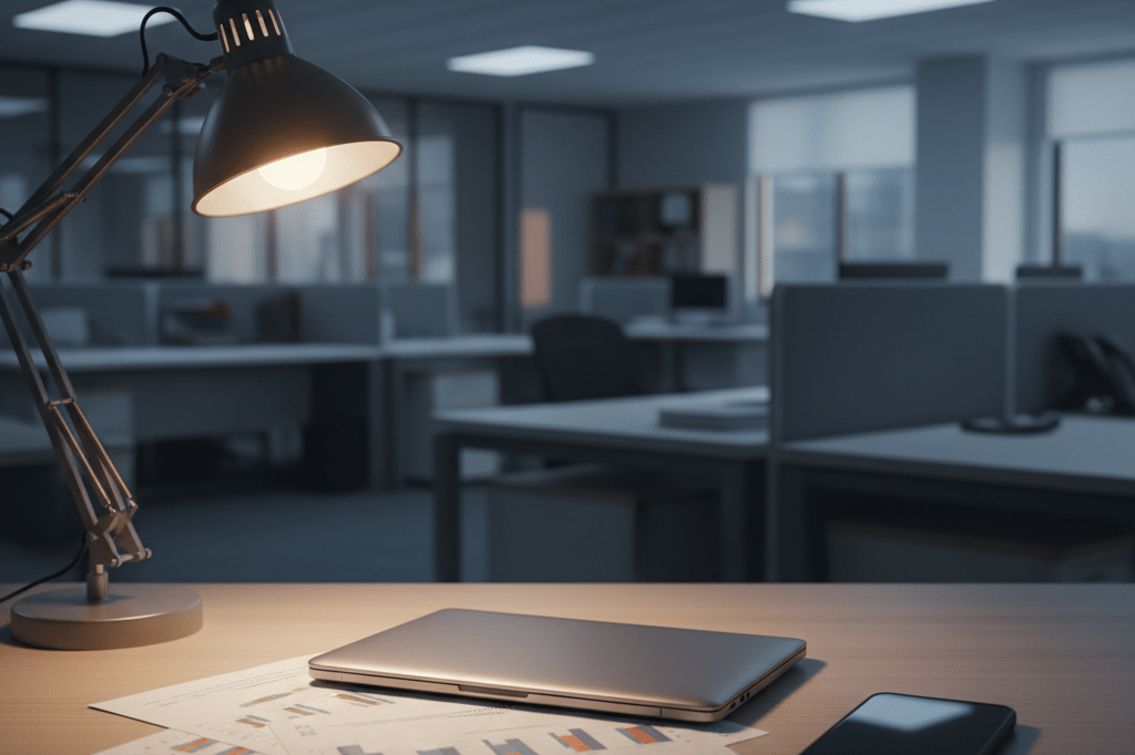 Corporate office desk with laptop, papers, and phone under mixed lighting, representing platform outage impact