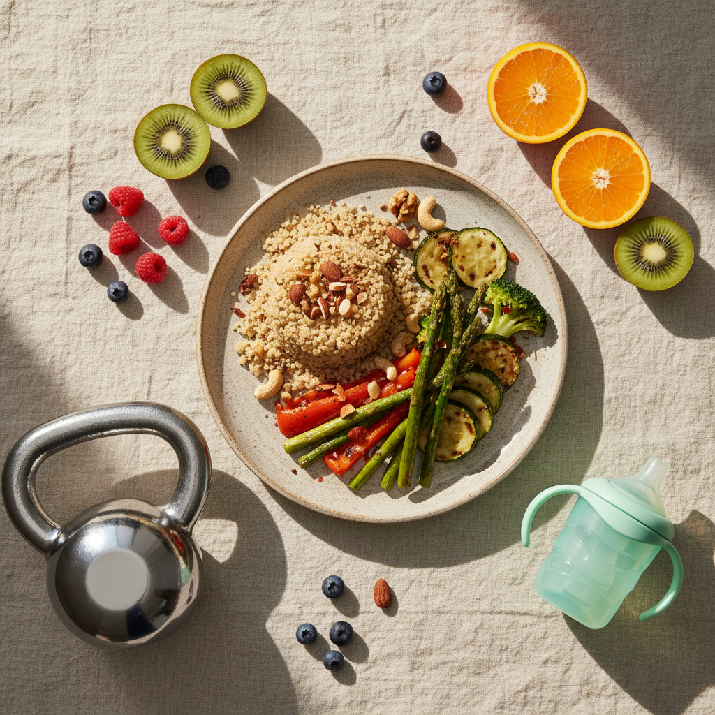 Overhead flat lay of balanced post-workout meal with grilled vegetables, quinoa, and fruit.