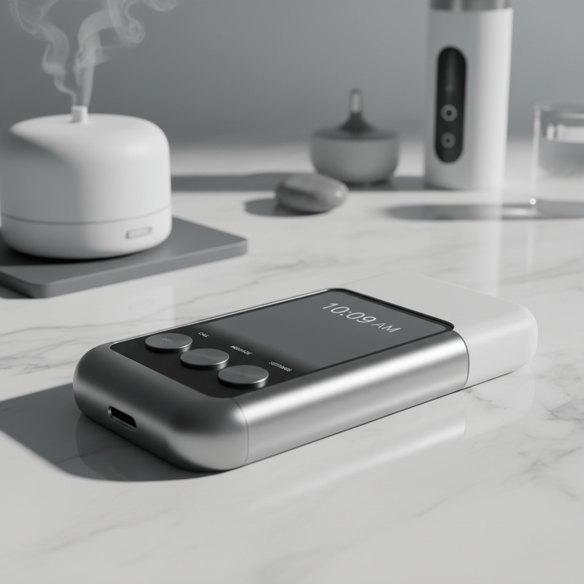 Minimalist retro phone concept with smooth curves and clear interface on marble.