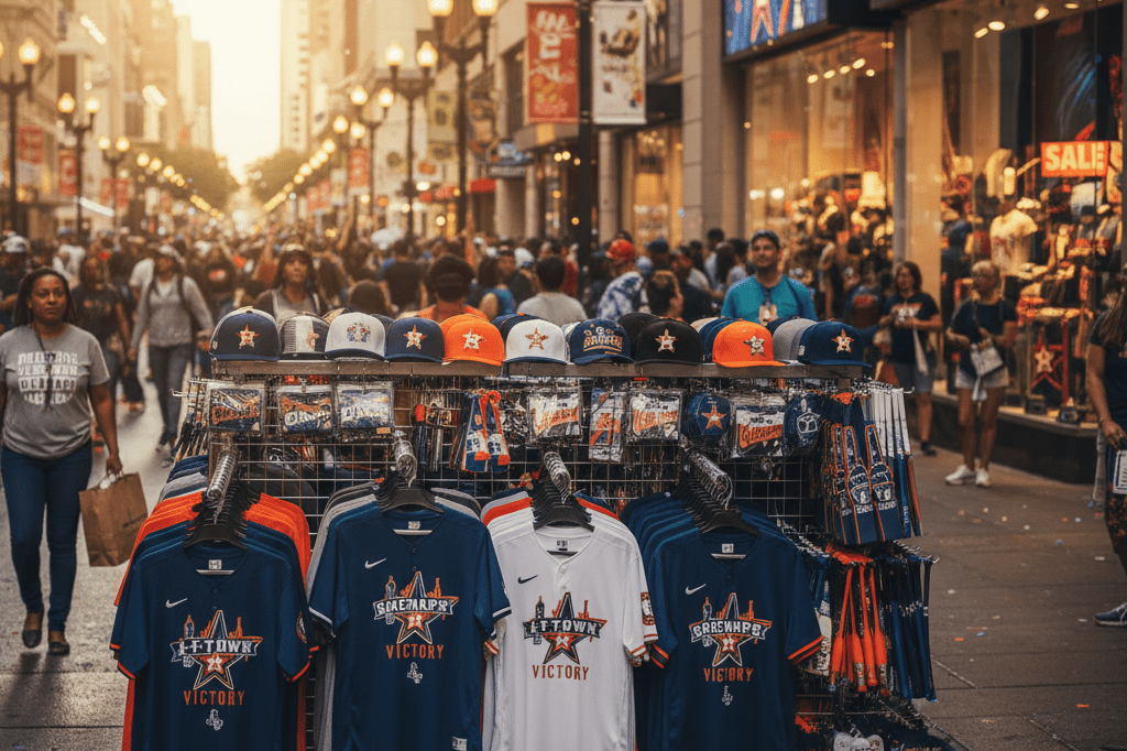 Generic sports apparel display on busy Houston street during tournament, capturing economic boom