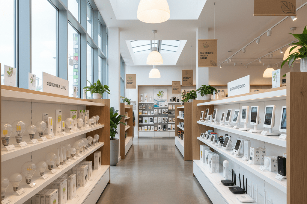 Shelves stocked with LED bulbs and smart devices under soft ambient lighting, symbolizing sustainability in retail