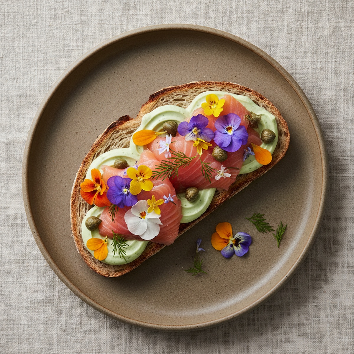 Overhead shot of a gourmet open-faced sandwich with salmon, cream cheese, capers, and edible flowers.