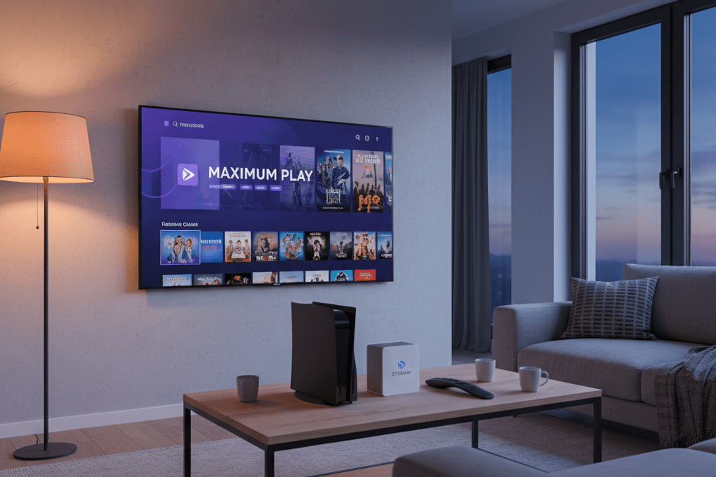 Living room showcasing smart TV, gaming console, and streaming devices under warm ambient lighting