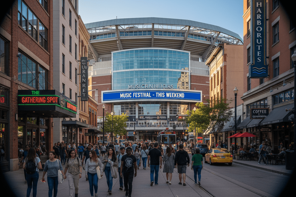 Busy urban street outside a large arena showing local business activity under ambient light, emphasizing economic benefits of events