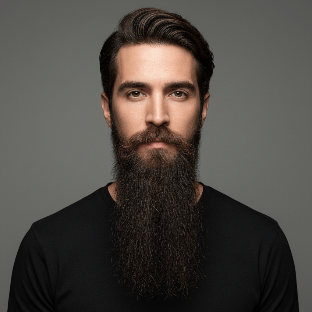 Close-up of a man with a long, groomed, dark goatee and subtle hair highlights.