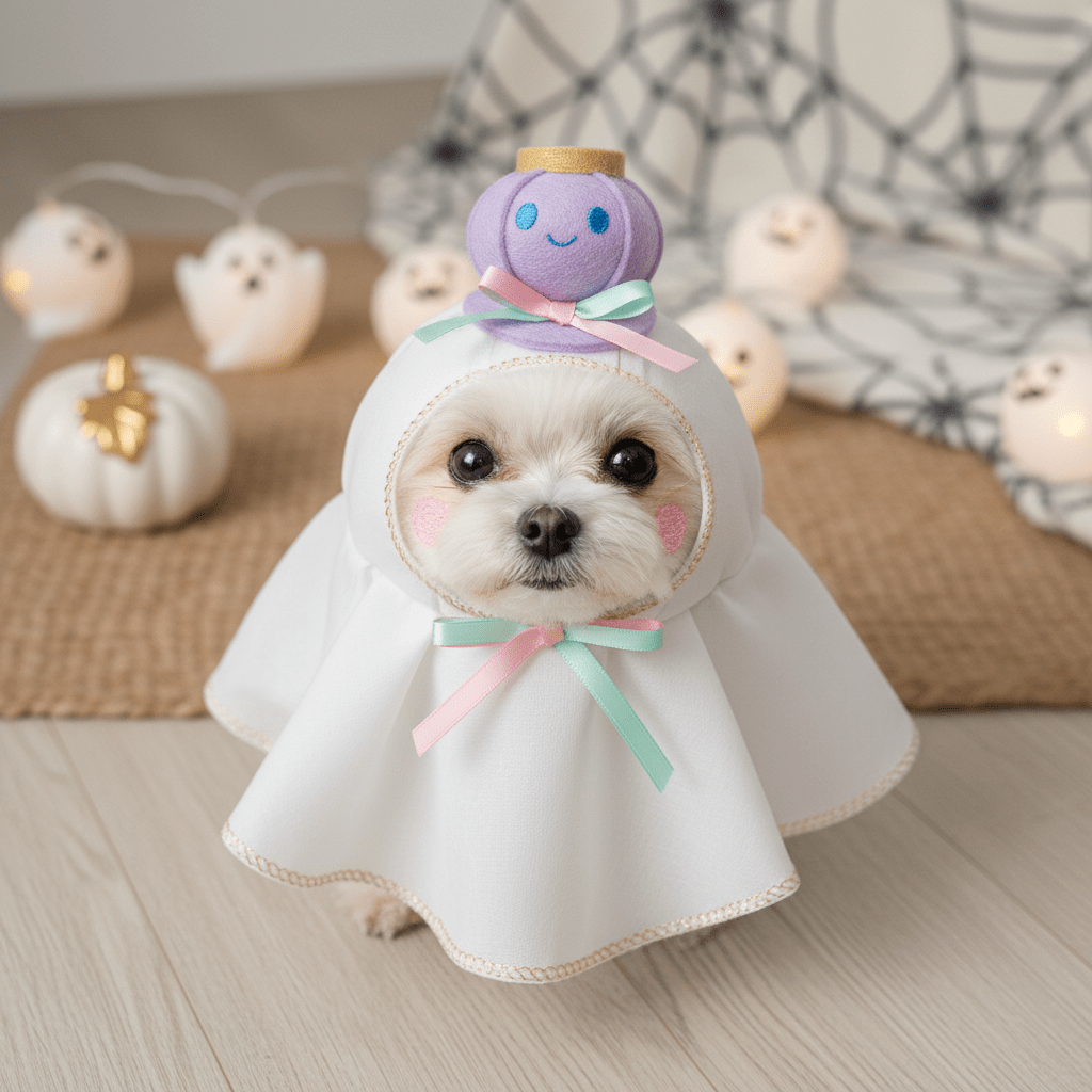 Tiny dog in a cute Japanese ghost outfit with pastel details and a decorative hat.