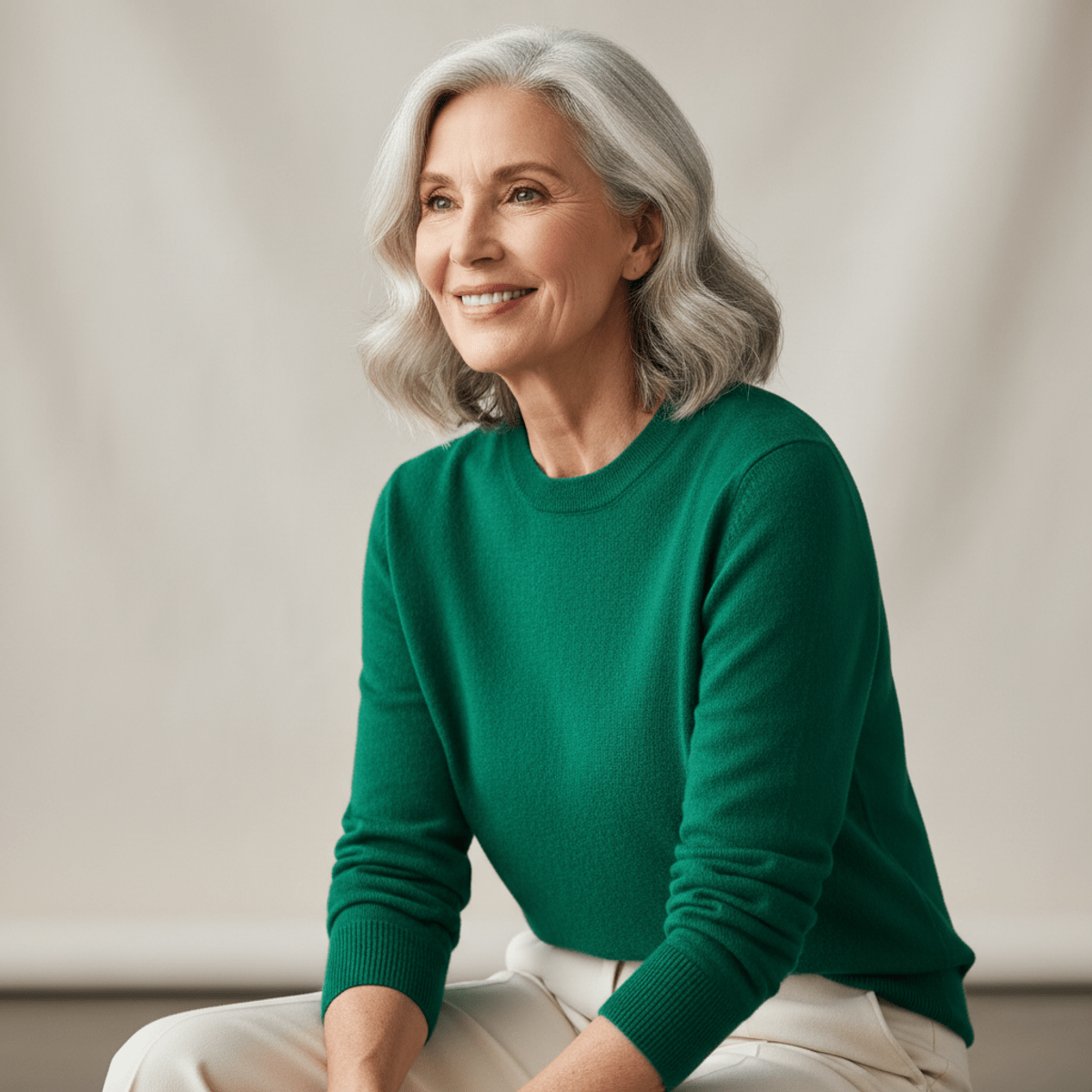 Elegant woman in her sixties wearing cashmere sweater and wool trousers in a studio.