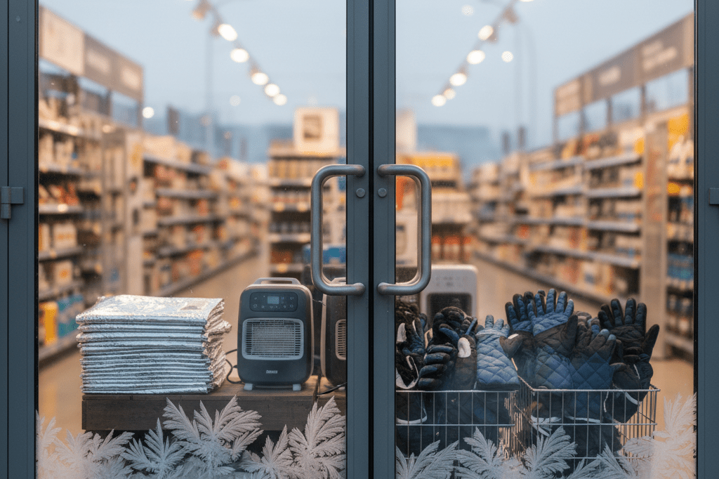 Medium shot of thermal blankets, space heaters, and insulated gloves arranged near a frost-trimmed retail entrance in freezing weather