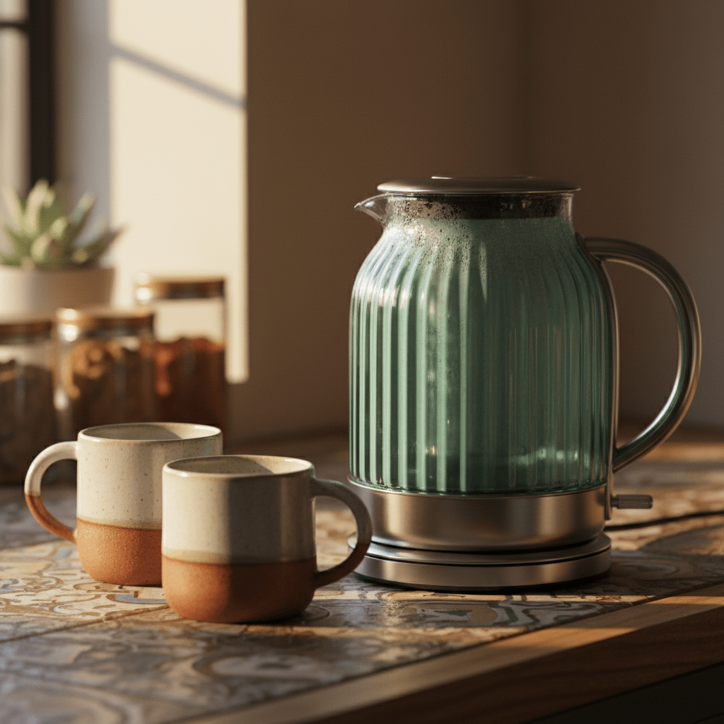 Deep sea-green tinted glass kettle with ceramic mugs on a kitchen counter.