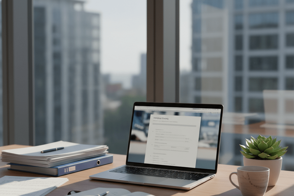 Desk with laptop, documents, and coffee cup under warm natural light, representing thoughtful career comeback planning