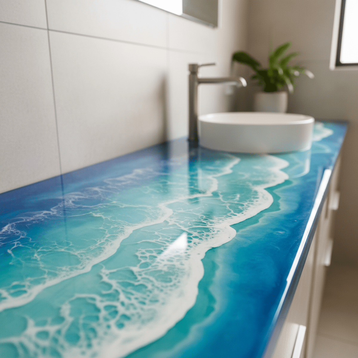 Smooth epoxy countertop with layered turquoise, blue, and white resin, resembling ocean waves.