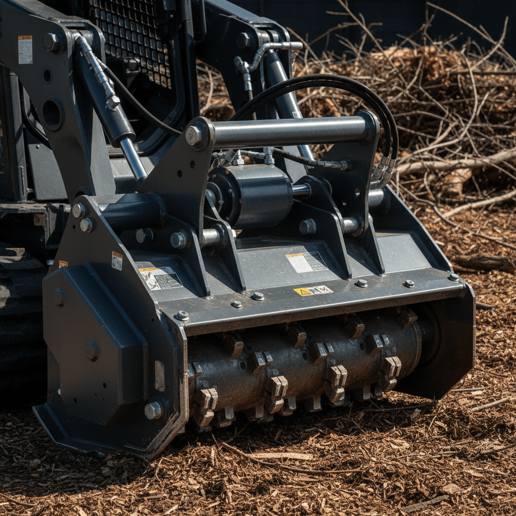 Mulcher rotor exposed for stump grinding, showing hydraulic details and metallic finish.