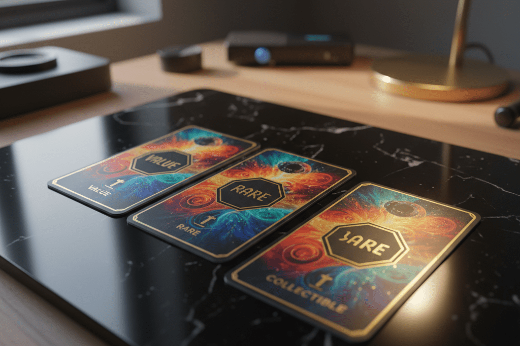 Three premium trading cards showcased on a dark surface under natural light, emphasizing rarity and exclusivity.